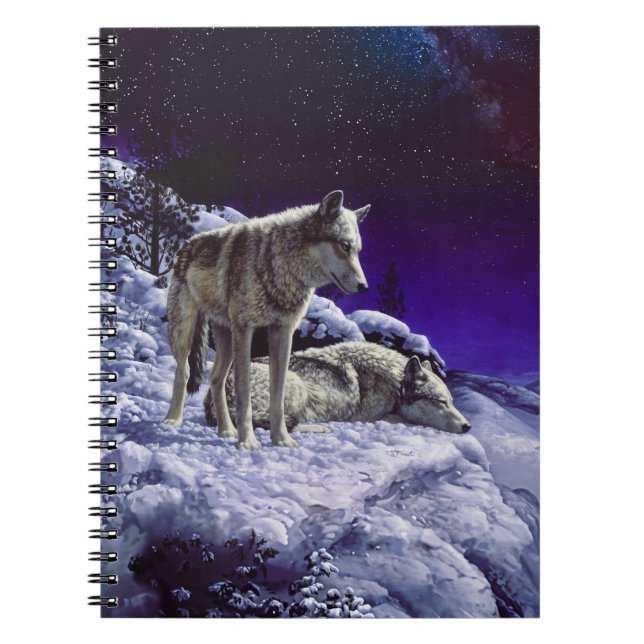 Gray Wolves in Winter Snow at Night Notebook (Front)