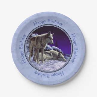 Gray Wolves in Winter Snow at Night Paper Plates