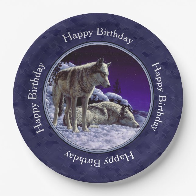 Gray Wolves in Winter Snow at Night Paper Plates (Front)
