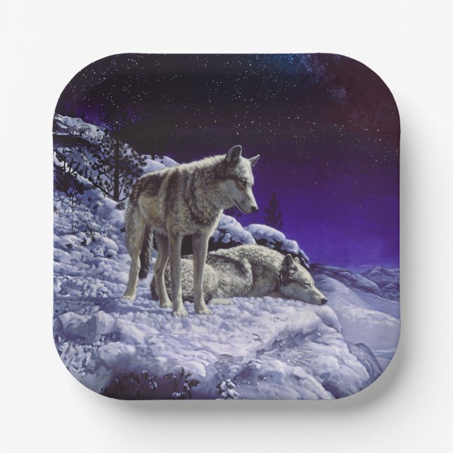 Gray Wolves in Winter Snow at Night Paper Plates (Front)