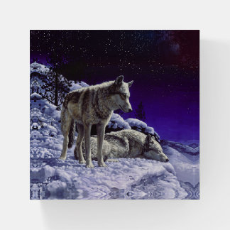 Gray Wolves in Winter Snow at Night Paperweight
