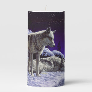 Gray Wolves in Winter Snow at Night Pillar Candle