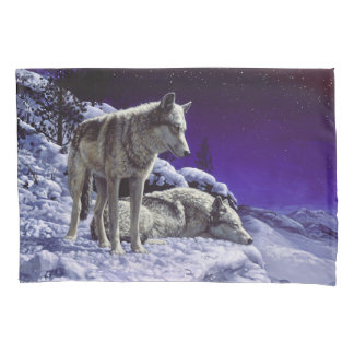 Gray Wolves in Winter Snow at Night Pillow Case