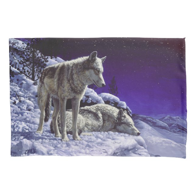 Gray Wolves in Winter Snow at Night Pillow Case (Front-Left)