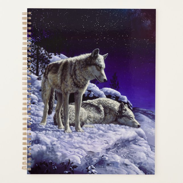 Gray Wolves in Winter Snow at Night Planner (Front)