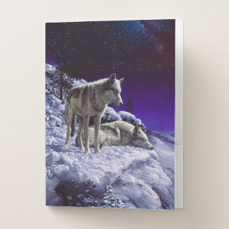 Gray Wolves in Winter Snow at Night Pocket Folder