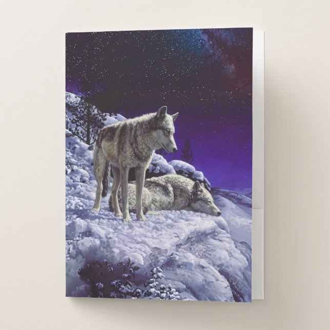 Gray Wolves in Winter Snow at Night Pocket Folder (Front)