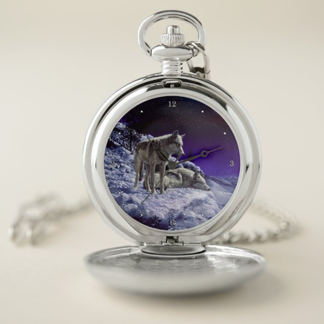 Gray Wolves in Winter Snow at Night Pocket Watch (Inside)