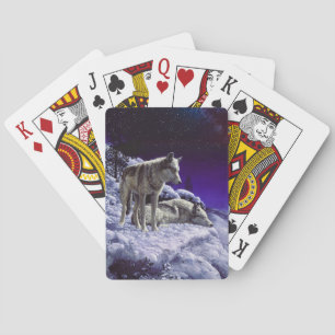 Gray Wolves in Winter Snow at Night Poker Cards