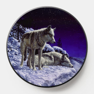Gray Wolves in Winter Snow at Night PopSocket