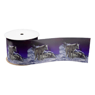 Gray Wolves in Winter Snow at Night Satin Ribbon