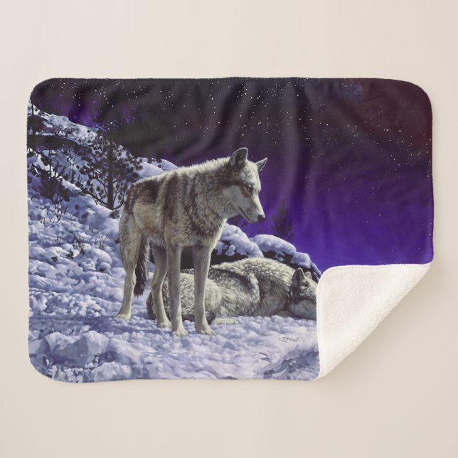 Gray Wolves in Winter Snow at Night Sherpa Blanket (Front (Horizontal))