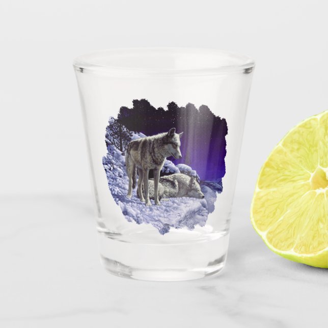 Gray Wolves in Winter Snow at Night Shot Glass (Front)