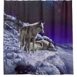Gray Wolves in Winter Snow at Night Shower Curtain