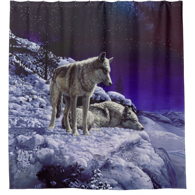 Gray Wolves in Winter Snow at Night Shower Curtain (Front)