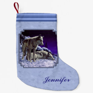 Gray Wolves in Winter Snow at Night Small Christmas Stocking