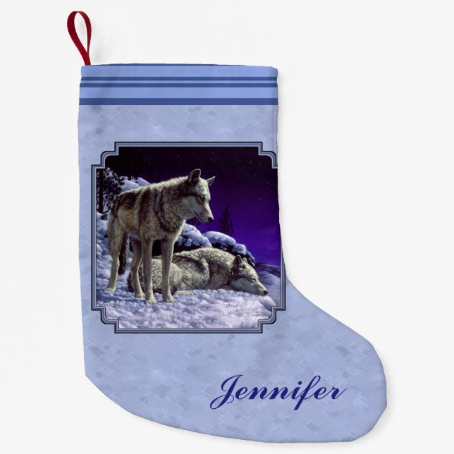 Gray Wolves in Winter Snow at Night Small Christmas Stocking (Front)