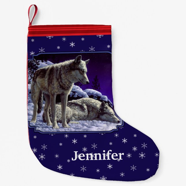 Gray Wolves in Winter Snow at Night Small Christmas Stocking (Front)