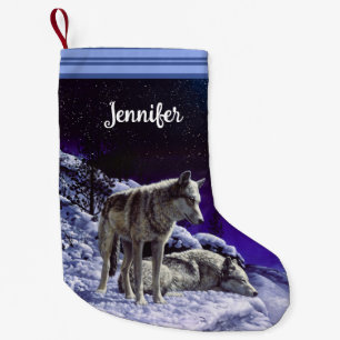 Gray Wolves in Winter Snow at Night Small Christmas Stocking