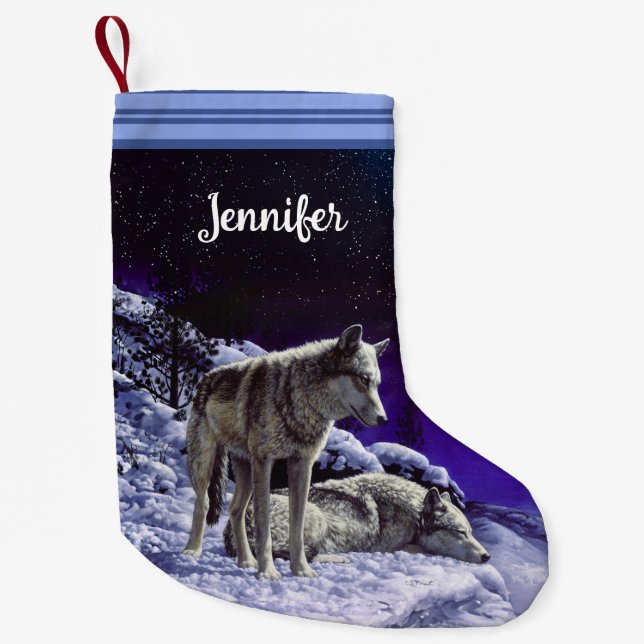 Gray Wolves in Winter Snow at Night Small Christmas Stocking (Front)