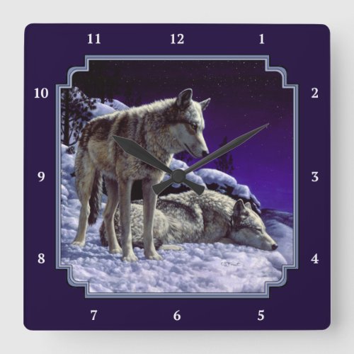 Gray Wolves in Winter Snow at Night Square Wall Clock