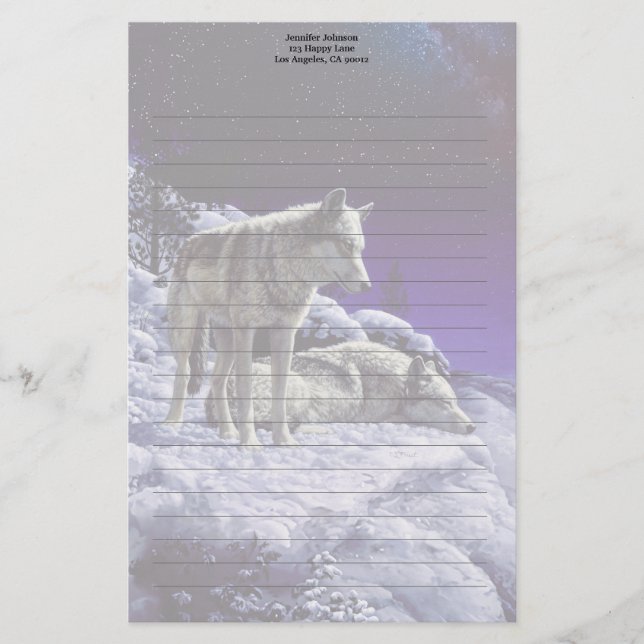 Gray Wolves in Winter Snow at Night Stationery (Front)