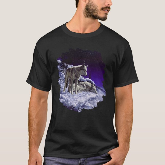 Gray Wolves in Winter Snow at Night T-Shirt (Front)