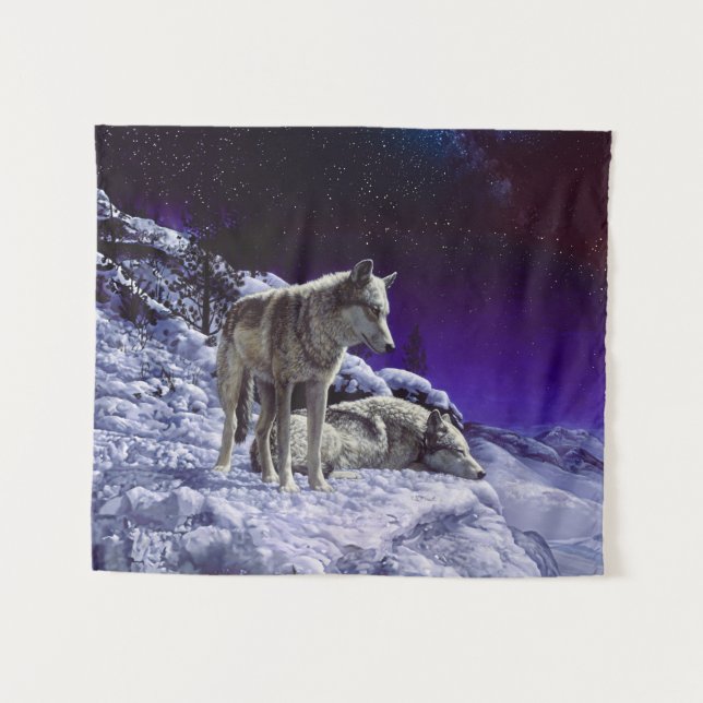 Gray Wolves in Winter Snow at Night Tapestry (Front (Horizontal))