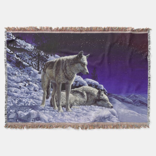 Gray Wolves in Winter Snow at Night Throw Blanket (Front)