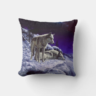 Gray Wolves in Winter Snow at Night Throw Pillow