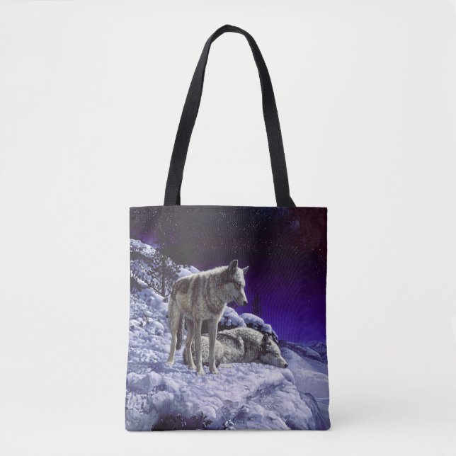 Gray Wolves in Winter Snow at Night Tote Bag (Front)