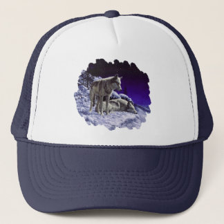 Gray Wolves in Winter Snow at Night Trucker Hat