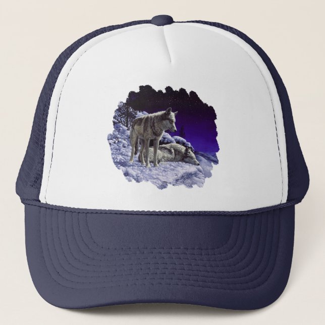 Gray Wolves in Winter Snow at Night Trucker Hat (Front)