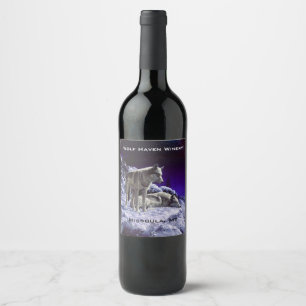 Gray Wolves in Winter Snow at Night Wine Label