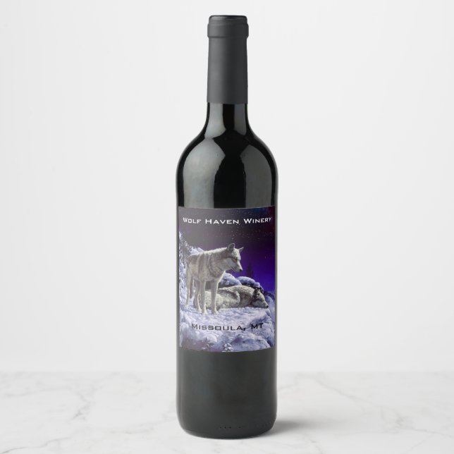 Gray Wolves in Winter Snow at Night Wine Label (Front)