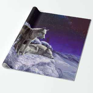 Gray Wolves in Winter Snow at Night Wrapping Paper