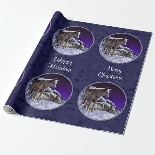Gray Wolves in Winter Snow at Night Wrapping Paper