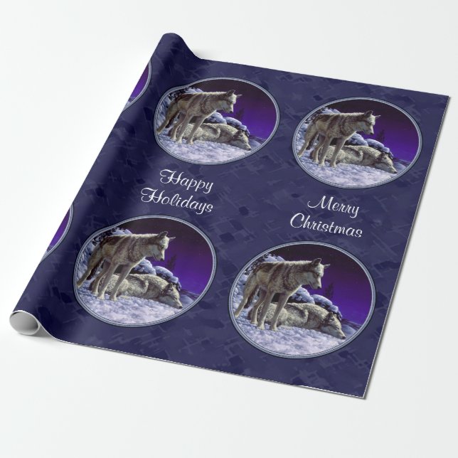 Gray Wolves in Winter Snow at Night Wrapping Paper (Unrolled)