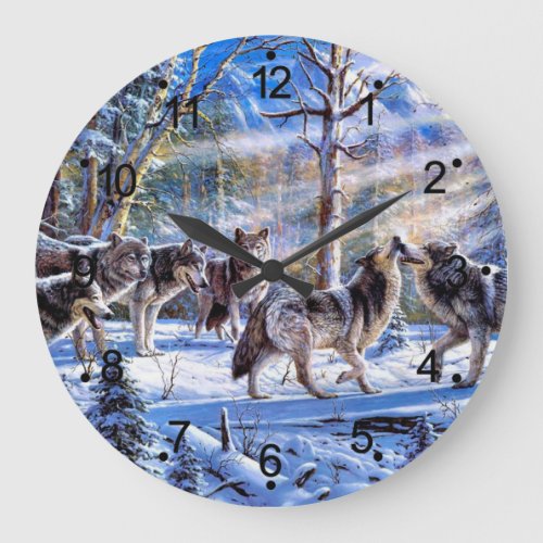 Gray Wolves Painting Large Clock