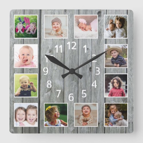 Gray Wood 12 Family Photo Collage Beach House Square Wall Clock