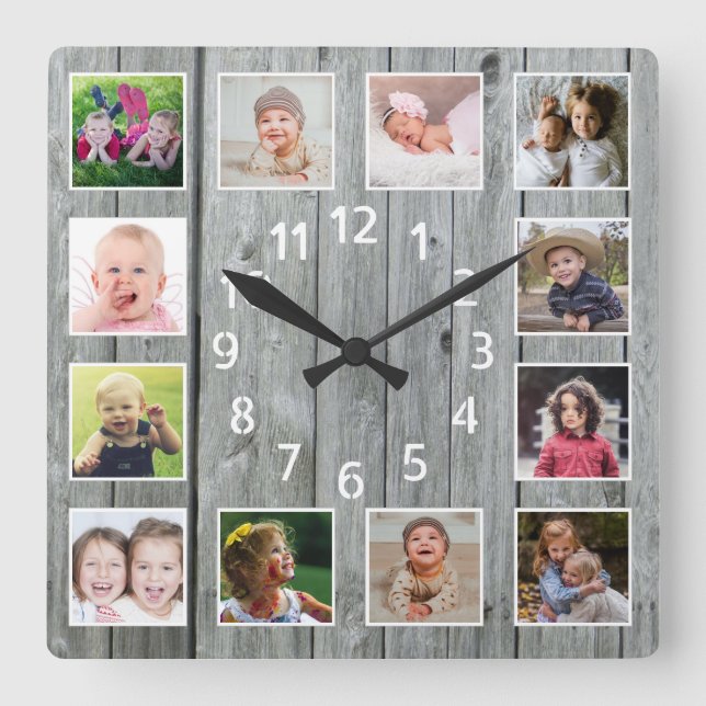 Gray Wood 12 Family Photo Collage Beach House Square Wall Clock (Front)