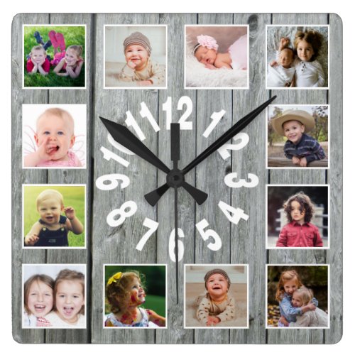Gray Wood 12 Family Photo Collage  Farmhouse Square Wall Clock