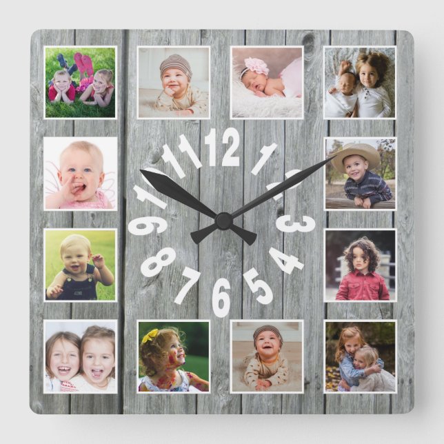 Gray Wood 12 Family Photo Collage  Farmhouse Square Wall Clock (Front)
