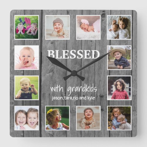 Gray Wood 12 Photo Collage Blessed Grandparents Square Wall Clock