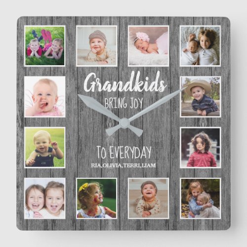 Gray Wood 12 Photo Collage Grandkids Quote   Square Wall Clock