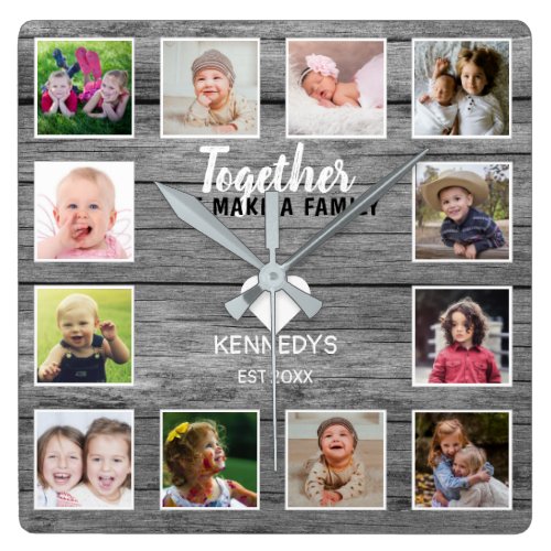 Gray Wood 12 Photo Collage Together Family Quote Square Wall Clock