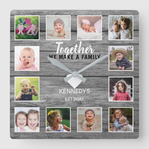 Gray Wood 12 Photo Collage Together Family Quote Square Wall Clock