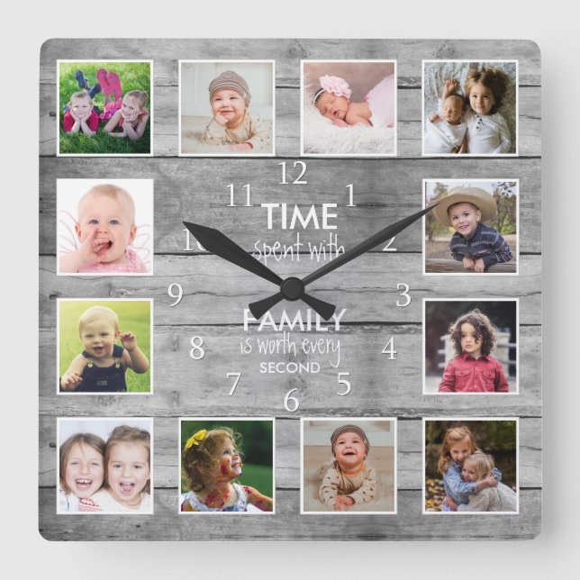 Gray Wood 12 Photo Template Time Family Quote  Square Wall Clock (Front)