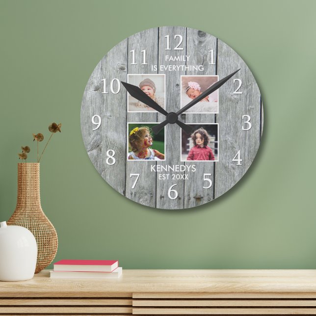 Gray Wood 4 Photo Collage Family Name Quote   Round Clock (Gray Wood 4 Photo Collage Family Name Quote Round Clock)