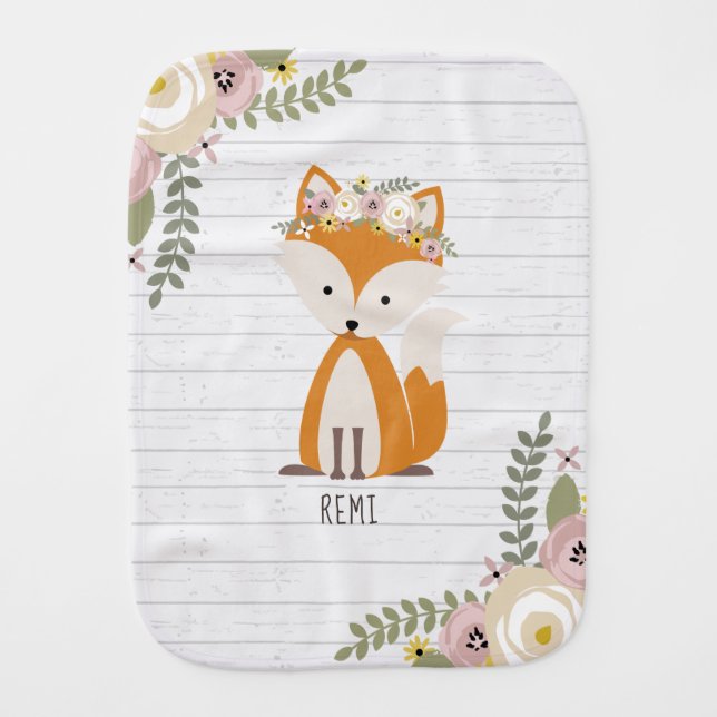 Gray Wood Baby Fox Floral Burp Cloth (Front)
